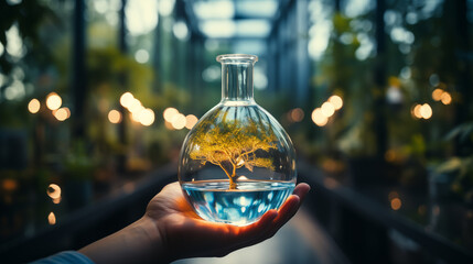 A tree into the laboratory flask in person's hand, ecological concept 