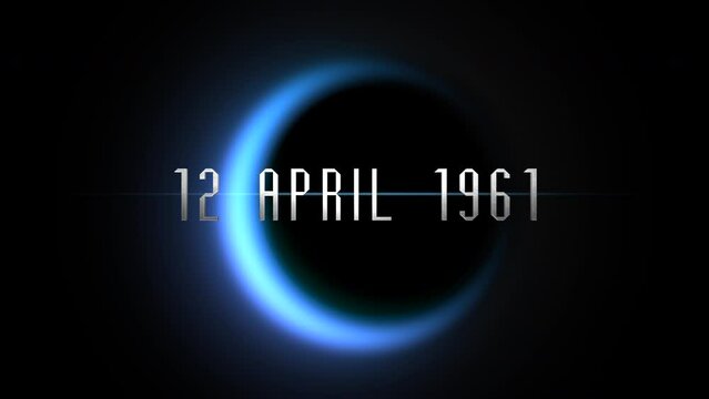 Futuristic image showcasing a black and blue nebula with the text 12 April 1961 in a sleek font at its center, surrounded by a glowing red ring
