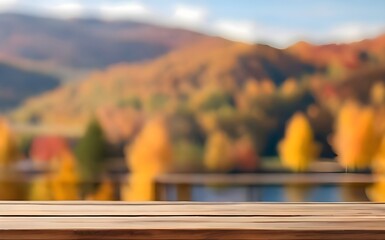 The empty wooden table with blur background of autumn
