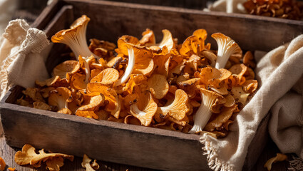 Raw Chanterelle Mushrooms on the old background