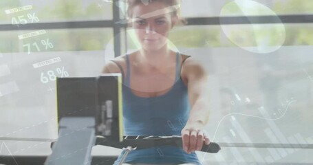 Animation of financial data processing over caucasian woman exercising on gym