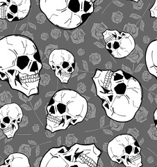 Skull with rose pattern seamless. Skeleton head and flower background
