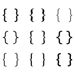 Black bracket set. Curly braces, double symmetric brackets. Vector kit Typography symbols pair, frames for punctuation, maths elements sign text quote