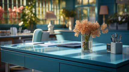 A stylish blue office desk with papers, flowers and Office supplies 