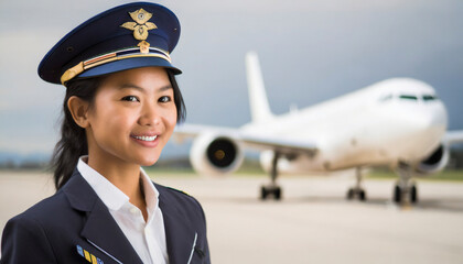Portrait of young Asian woman pilot standing in front of airplane at the airport