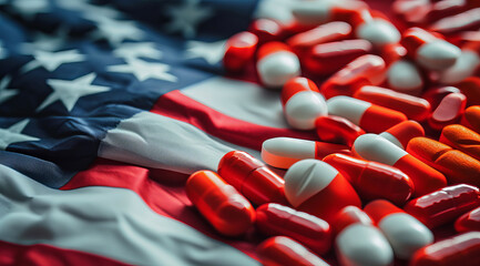 Painkiller epidemic in the US, tablets, needles and syringes lying on American flag - obrazy, fototapety, plakaty