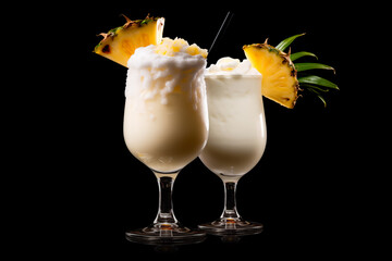 Set of Pina Colada with pineapple, coconut and creamy white top presented in a chilled glass with straw