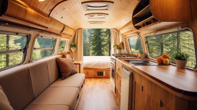 Couple with cute dog traveling together on vintage mini van transport.