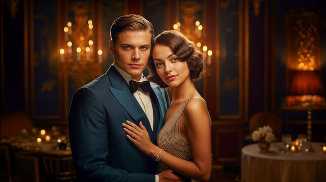 Stunning young couple at a 1920s themed event, man in tuxedo and woman in silver dress, exemplifying roaring twenties fashion in an opulent interior setting.