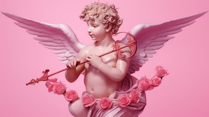 Marble winged Cupid with arrow and roses in pink.