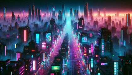 A moody cyberpunk cityscape enveloped in fog, featuring towering futuristic skyscrapers with neon...