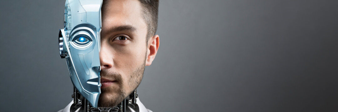 Portrait of young man with artificial intelligence robot head. AI concept