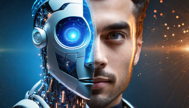 Portrait of young man with artificial intelligence robot head. AI concept