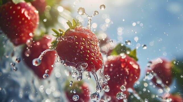 A Handful Of Fresh Strawberries Spilling Out Of A Glass Of Water Onto A Reflective Surface