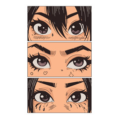 Asian eyes look. Cartoon japanese anime woman characters manga style, trendy comic frames with female close up faces. Vector flat isolated set