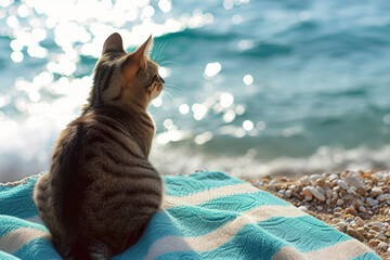 Cute cat sitting on a beach towel. Generative AI - obrazy, fototapety, plakaty