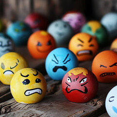 Collection of colorful balls with various facial expressions, AI Generated