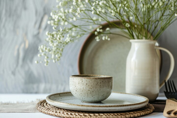 Ceramic plates and vase with plants. Stylish and minimalist background. Generative AI