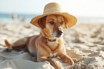 Dog in a straw hat resting on the beach. Generative AI