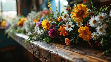 A Rustic Barn Wedding with Floral Decorations of Sunflowers, Daisies, and Wildflowers Background - Flowers bring a Sense of Joy and Beauty to the Celebration created with Generative AI Technology - obrazy, fototapety, plakaty