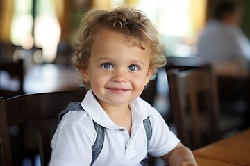 Happy Smiling Baby Sitting at Table with Blank Space for Text or Advertisements