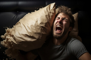 A person venting frustration by yelling into a pillow, symbolizing the need for healthy ways to cope with anger. Generative Ai.