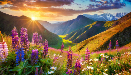 Mountain meadow with flowers at sunset. Colorful summer landscape.