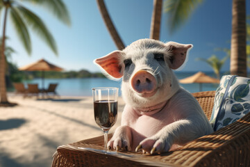 A pig wearing sunglasses and lounging with a coconut drink, capturing the laid-back and humorous side of swine relaxation. Concept of vacationing pigs. Generative Ai. - obrazy, fototapety, plakaty