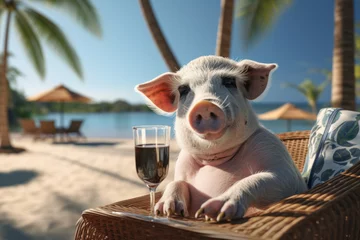 Fotobehang A pig wearing sunglasses and lounging with a coconut drink, capturing the laid-back and humorous side of swine relaxation. Concept of vacationing pigs. Generative Ai. © Sebastian
