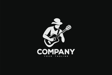 Logo design of a musician playing a musical instrument.	