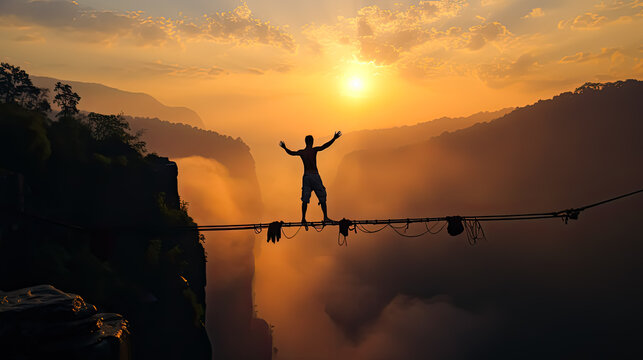 Sportsman courageously crossing a suspended bridge over an abyss in a canyon between mountains.