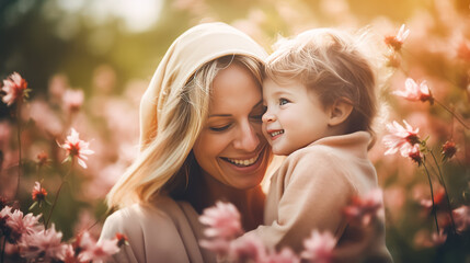 Heartwarming scene of a mother and child against a backdrop of beautiful flowers.