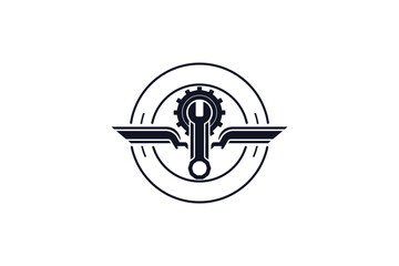 Creative logo design depicting an engine piston with wide and black wings on each side and a wrench. 