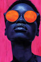 Beautiful portrait of young african woman with orange sunglasses. Pop art painting on pink background for concept design.