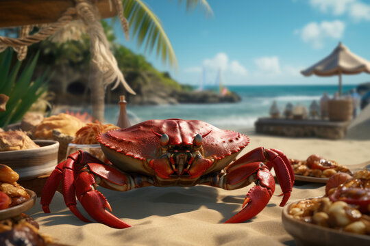 A crab hosting a beach party with seashell decorations, showcasing the festive side of crustacean celebrations. Concept of crab beach bash. Generative Ai.