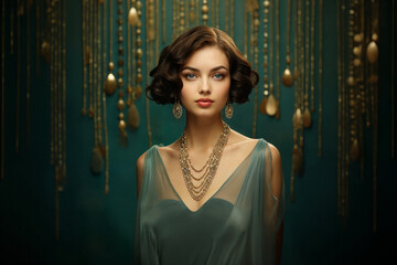 Stunning young woman dressed in roaring twenties fashion, embodying the classic flapper elegance with luxurious jewelry, at a themed vintage party.