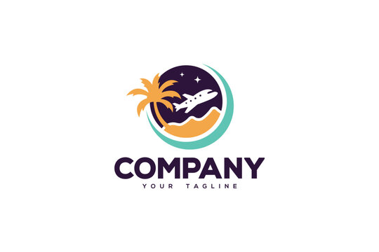 Creative logo design depicting a landscape and the sun with a plane frying over it, designated to the travel industry.	