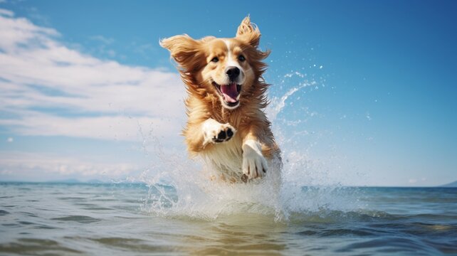 Cute dog jumping on the amazing ocean water beach picture