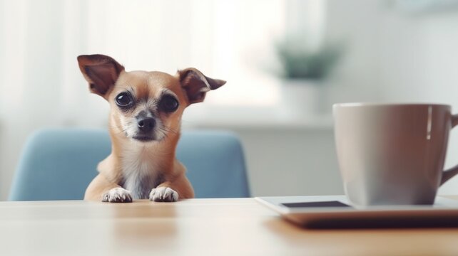 Cute dog working on laptop with coffee cup picture