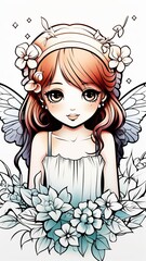 Cute girl with flower adult coloring page picture AI Generated art