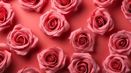 Red Roses Composition on Pastel Red Backdrop for Valentines, Birthdays, Womens and Mothers Day