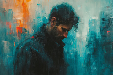 A sleek and modern oil painting featuring a man in quiet reflection, painted with bold strokes and subtle shades, capturing the simplicity. - obrazy, fototapety, plakaty