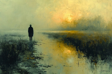 A captivating visual narrative showcasing a man in solitude, depicted in a minimalist oil painting with muted colors and gentle brushstrokes, creating a visually rich.