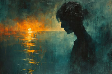 A sleek and modern oil painting featuring a man in quiet reflection, painted with bold strokes and subtle shades, capturing the simplicity. - obrazy, fototapety, plakaty