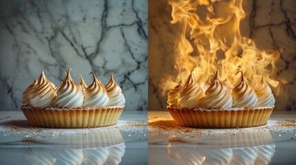 lemon tart with meringue peaks, flames caramelizing the top, on a classic marble countertop - obrazy, fototapety, plakaty