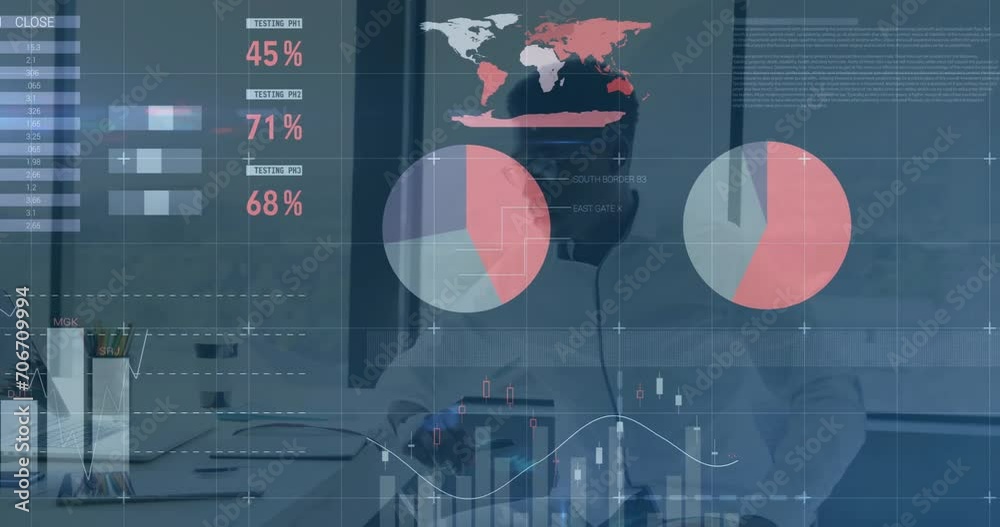 Sticker Animation of financial data processing over african american businessman using laptop