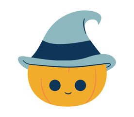Pumpkin in a witch hat. Cute Halloween character. Magic and enchantment. Smiling orange vegetable. Witchcraft. Festive event. Trick or treat. Color image. Isolated object. Vector illustration.