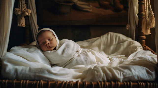 Adorable image of a sleeping newborn baby boy in a child bed.