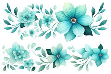 Fototapeta na wymiar Turquoise pastel template of flower designs with leaves and petals