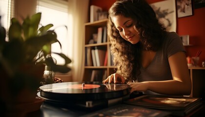 25-year-old latina woman placing a vinyl record to play music at her home - obrazy, fototapety, plakaty